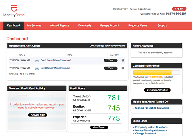 Identity Force Dashboard